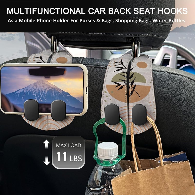 Blusabaca 2PCS Car Seat Back Storage Headrest Hooks, Abstract Boho Leaves Purse Holder Bags Hanger, PU Leather Double Metal Hook Backseat Organizer, Women Car Accessories Organization - Image 3